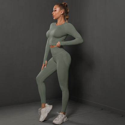 Seamless Knitted Pleated Tight Yoga Exercise Running Fitness Long Sleeve Leggings Suit Wholesale Women Clothing