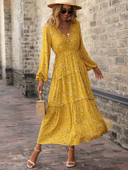 V-Neck Floral Print Long Sleeve Slit Smocked Dress Wholesale Maxi Dresses