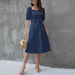 Puff Sleeve Solid Color Square Neck Business Casual Women Midi A-Line Dress Elegant Wholesale Dresses