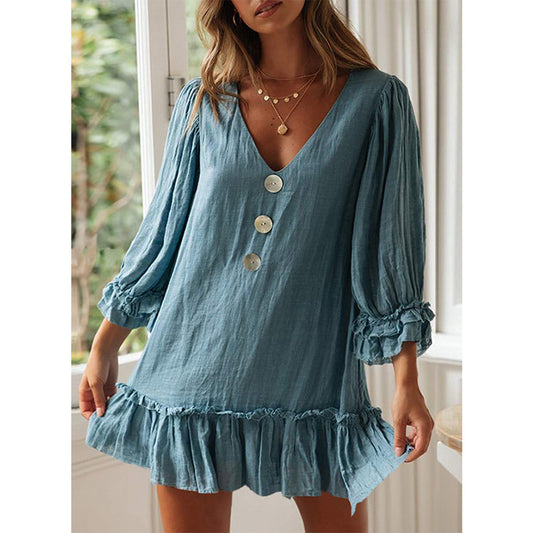 V Neck Long Sleeve Loose Cotton Linen Ruffled Dress Wholesale Dresses