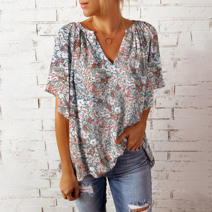 Casual Print V-Neck Short Sleeve Single-Breasted Blouses Womens T Shirts Wholesale