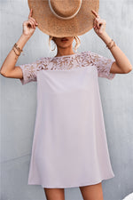 Short Sleeve Round Neck Loose Lace Stiching A-Line Dress Elegant Wholesale Dresses