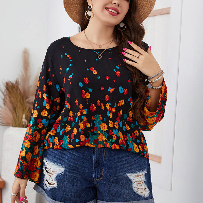 Printing Long Sleeve Round Neck Wholesale Plus Size Tops