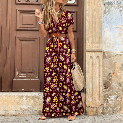 Fashion V-Neck Print Short Sleeve Vacation Slit Maxi Dresses Wholesale Bohemian Dress For Women With Belt