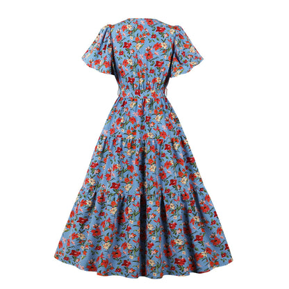 Tie-Up Elegant Floral Print Smocked Dress Wholesale Dresses