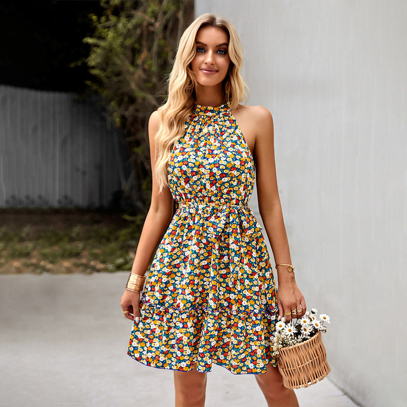 Sleeveless Floral Printed Halter Neck Tie-Up Waist Ruffled Dress Vacation Wholesale Dresses