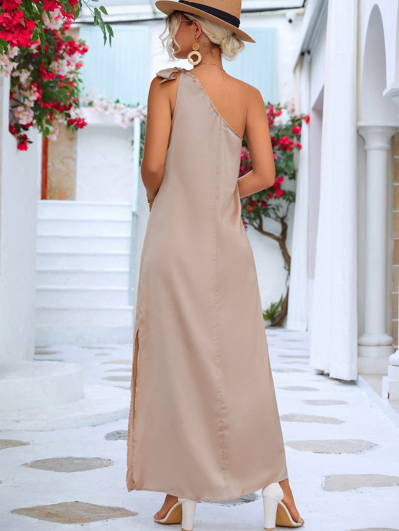 Solid Color Loose Strappy Slit Satin Dress Wholesale Maxi Dresses