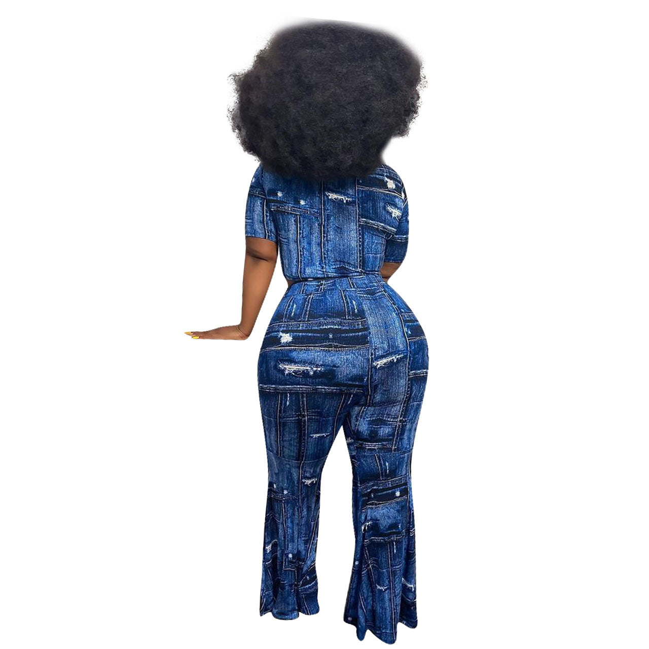 Denim Print Crop Top + Flare Pants Plus Size Two Piece Sets Wholesale