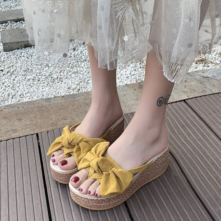 Fashion Casual Wedge Bow Slippers Solid Color Women Wholesale Shoes