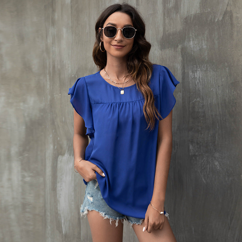 Crew Neck Loose Pleated Lotus Leaf Sleeve Chiffon Blouse Casual Wholesale Women'S T Shirts ST55561