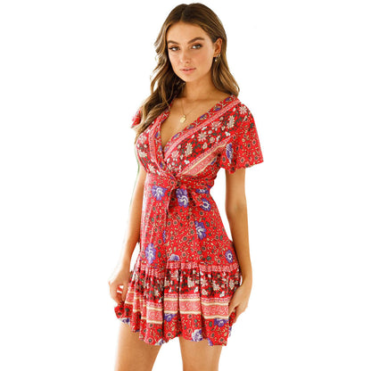 V Neck Lace Up Boho Print Ruffles Dress Short Vacation Dress Casual Wholesale Bohemian Dress For Women