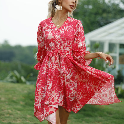 Floral Printed Half Sleeve V Neck Tie-Up Waist Irregular Hem Dress Casual Wholesale Dresses