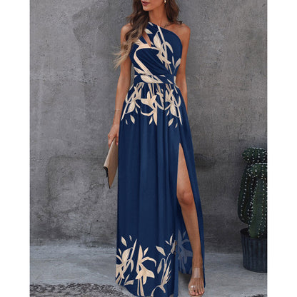 Slanted Shoulder Cutout Sleeveless Waist High Slit Swing Dress Sexy Wholesale Maxi Dresses