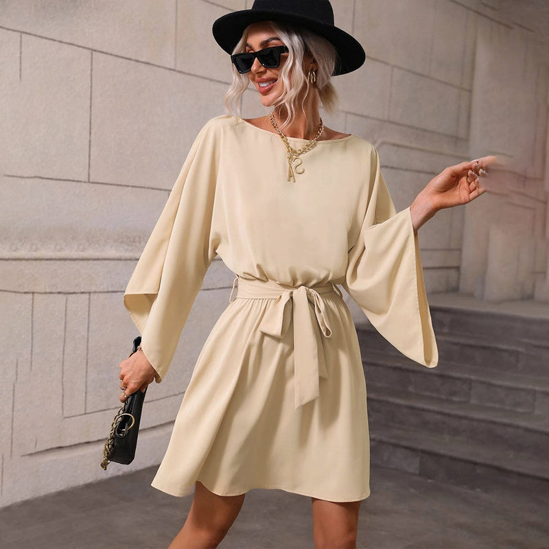 Round Neck Solid Color Tie-Up Waist Long Sleeve Casual Dress Wholesale Dresses SDN538014