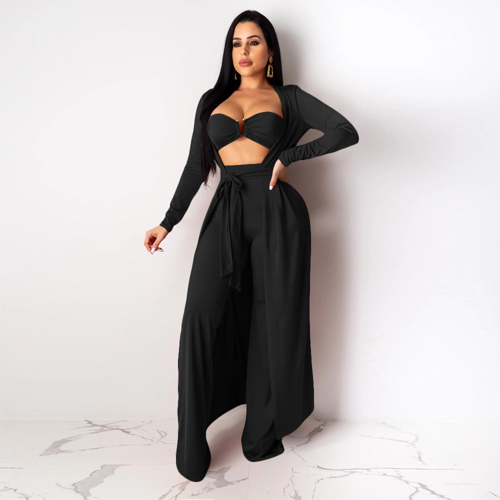 Xmas 3pcs Wholesale Solid Sets Long Cardigan Crop Top Wide Leg Pants