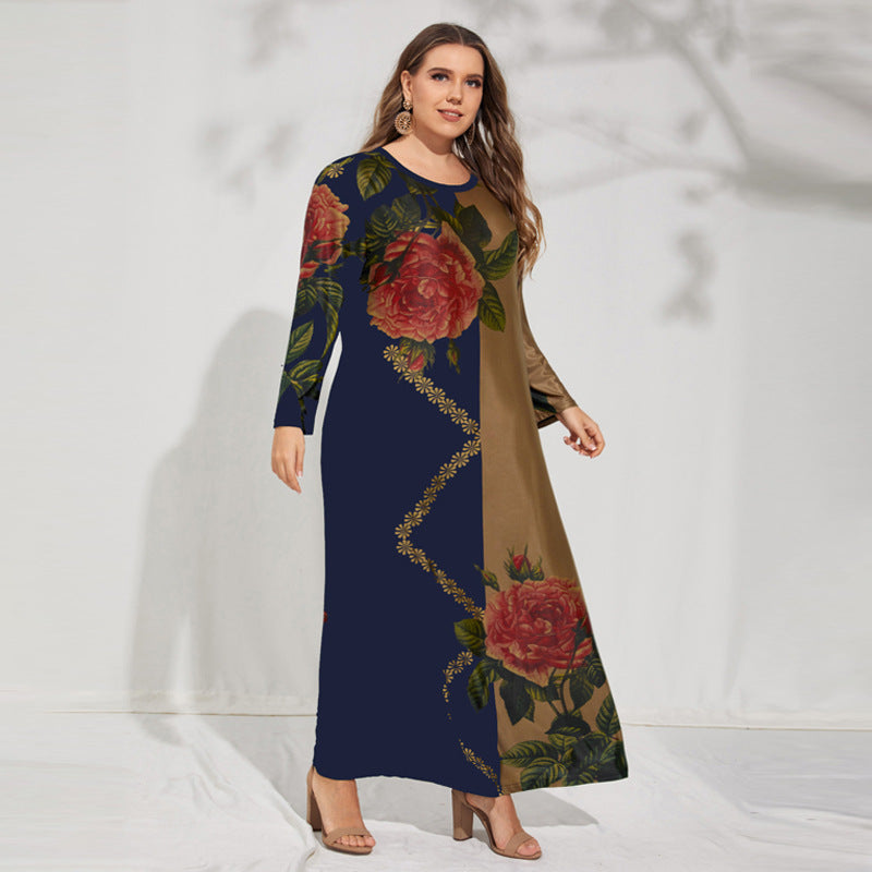 Retro Color Matching Print Maxi Dress Loose Long Sleeve Plus Size Wholesale Dresses