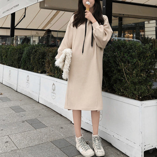 Casual Long Sleeve Loose Drawstring Solid Color Midi Hoodie Wholesale Sweatshirt Dress