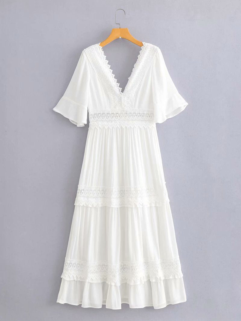Lace Stitching Short Sleeve V-Neck Open Back Mid-Length White Resort Swing Ruffled Dress Wholesale Dresses