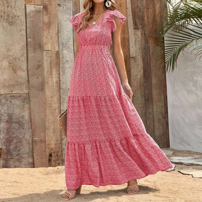 Ruffled Sleeve V Neck High Waist Vacation Smocked Floral Dress Wholesale Maxi Dresses