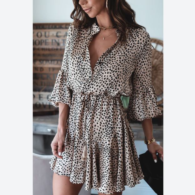 Leopard Print Button Long Lantern Sleeve Ruffles Lace-Up Swing Dress Casual Wholesale Dresses