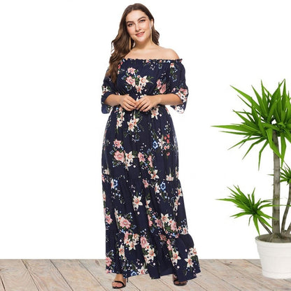 Floral Printed Off Shoulder Curve Maxi Dresses Ruffles Vacation Dress Wholesale Plus Size Clothing