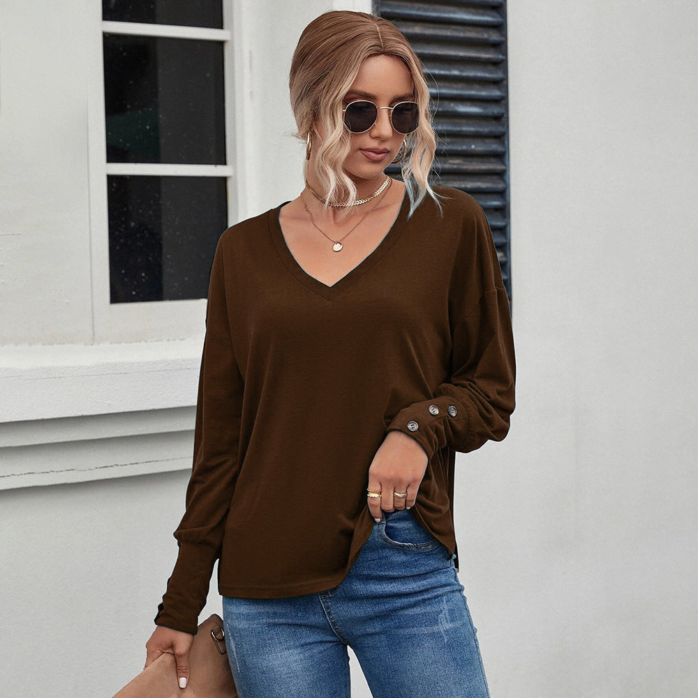 Loose Casual V-Neck Long-Sleeved T-Shirts Wholesale Womens Tops