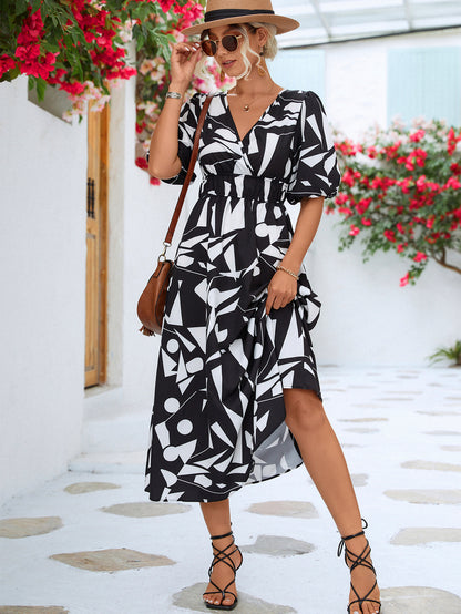 V-Neck Puff Short Sleeve Midi Casual Dress Wholesale Dresses