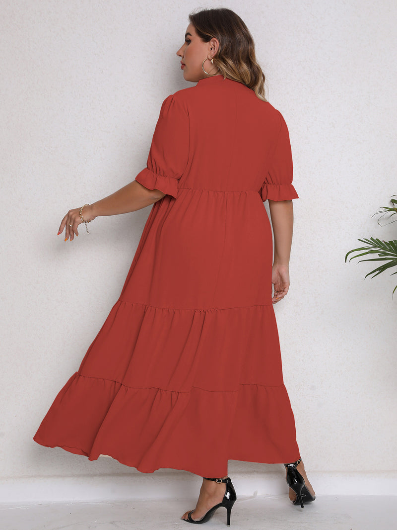 Solid Color Puff Sleeve Casual Smocked Curvy Dresses Wholesale Plus Size Clothing