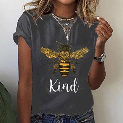 Casual All-Match Bee Print Short-Sleeved Round Neck T-Shirt Wholesale Women Tops