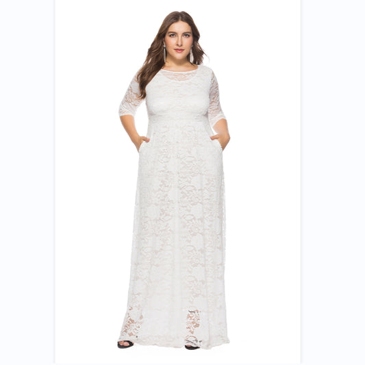 Sexy Hollow Lace Maxi Dress With Pockets Solid Color Long Sleeve Wholesale Plus Size Clothing