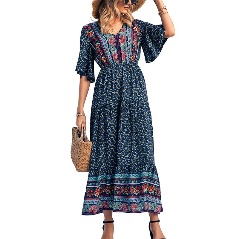 V Neck Boho Style Print Flare Sleeve Elastic Waist Maxi Dresses Wholesale Bohemian Dress For Women