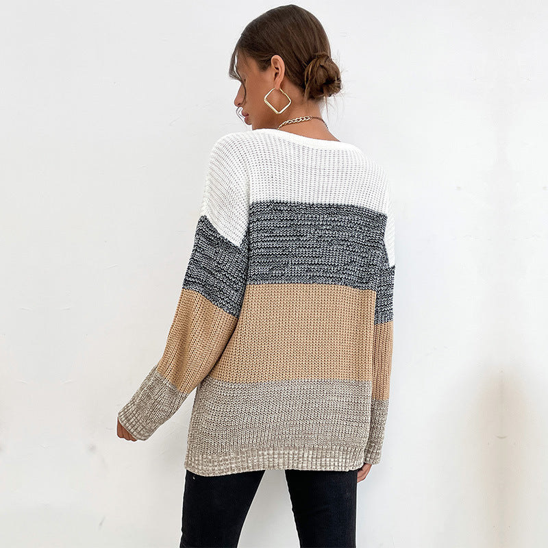 Colorblock Long Sleeve Women Loose Knitwear Wholesale Sweater Vendors