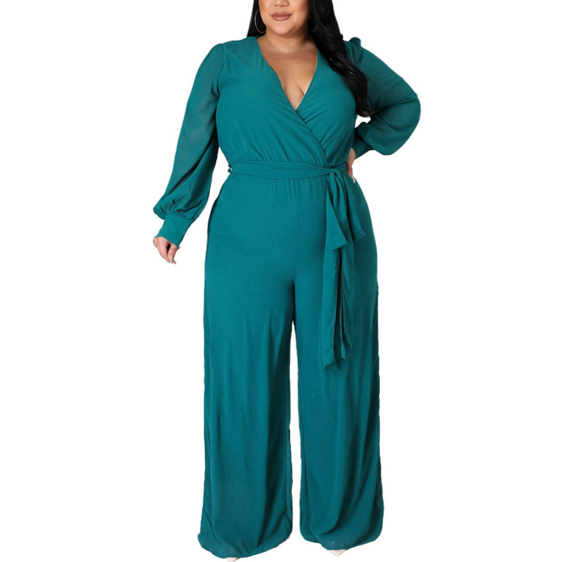 Solid Color Lace-Up Curvy Wide-Leg Jumpsuits Wholesale Plus Size Clothing