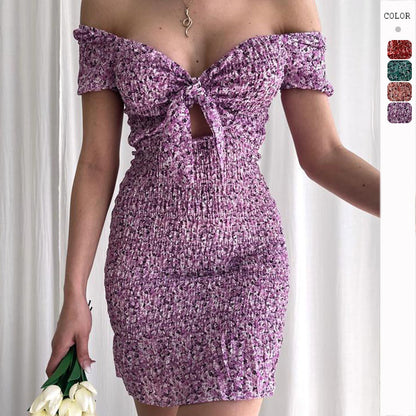 One Word Neckline Tie Floral Print Sexy Bodycon Dress Wholesale Dresses