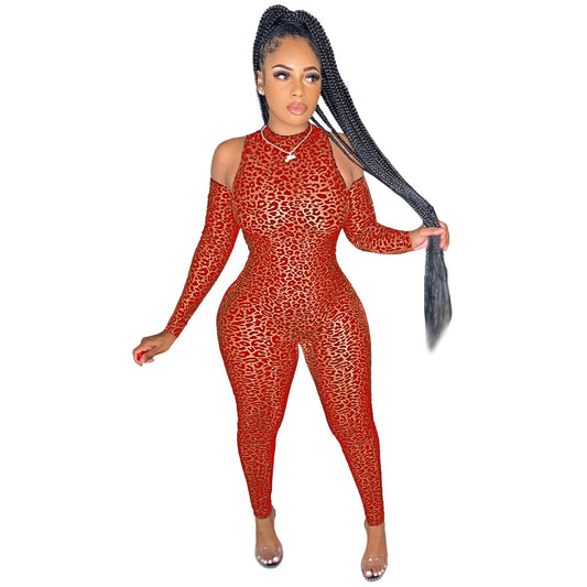 See-Through Flocked Leopard Sleeve Mesh Sexy Women Jumpsuit Wholesale Clothing Vendors