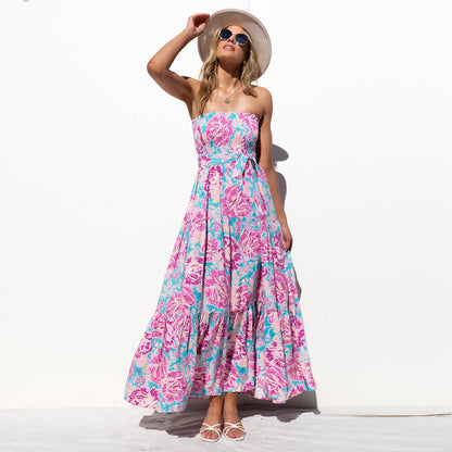 Floral Print Off Shoulder Tie Waist Wholesale Maxi Dresses Summer