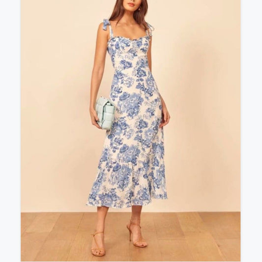 Ruffled Swing Strap Tie-Up Vintage Floral Dress Wholesale Dresses