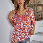Casual Lace-up Single-breasted Tops Print V Neck Blouse Half Sleeve Wholesale Bohemian Clothing