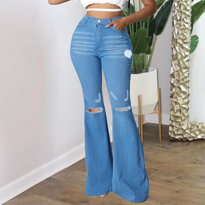 Fashion Ripped Washed High Waist Slim Wide Leg Denim Pants Wholesale Jeans