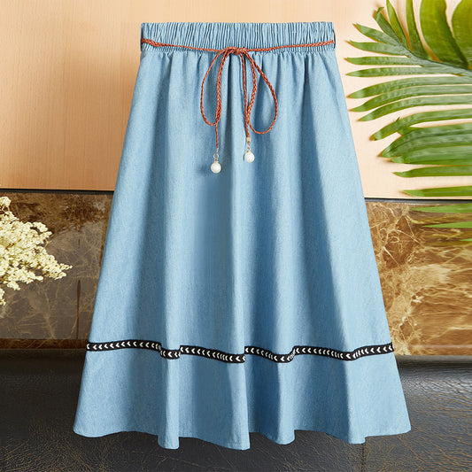 Elastic Waist Pleated Denim Skirt Wholesale