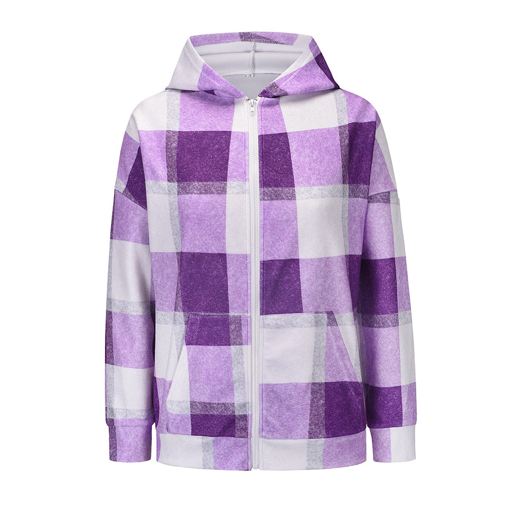 New Fall Women Plaid Zip Hoodie