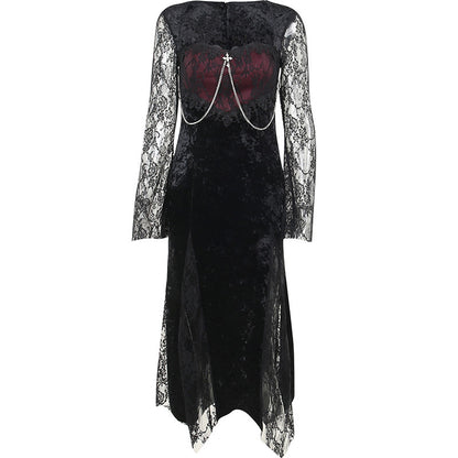 Dark Style Splicing See-Through Lace Slim-Fit Slit Trumpet Sleeve Dress Wholesale Dresses