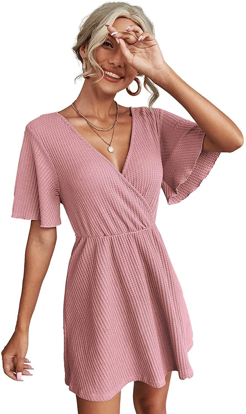 Sexy V Neck Mini Dress Solid Color Mid-Sleeve Wholesale Dresses