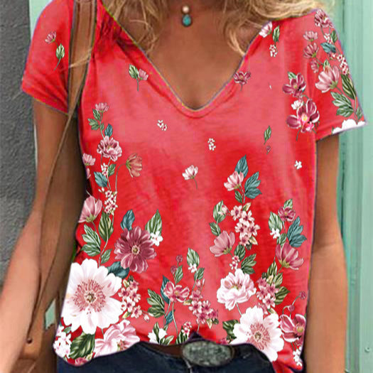 Floral V Neck T Shirt Wholesale Womens Clothing