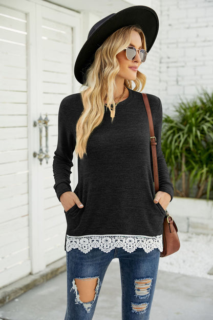 Round Neck Loose Casual Pullover Lace T-Shirt Wholesale Womens Tops