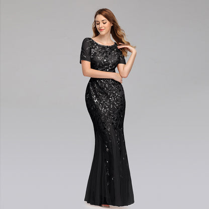 Women Slim Fit Mesh Sleeve Sequin Evening Maxi Dress Wholesale Prom Dresses