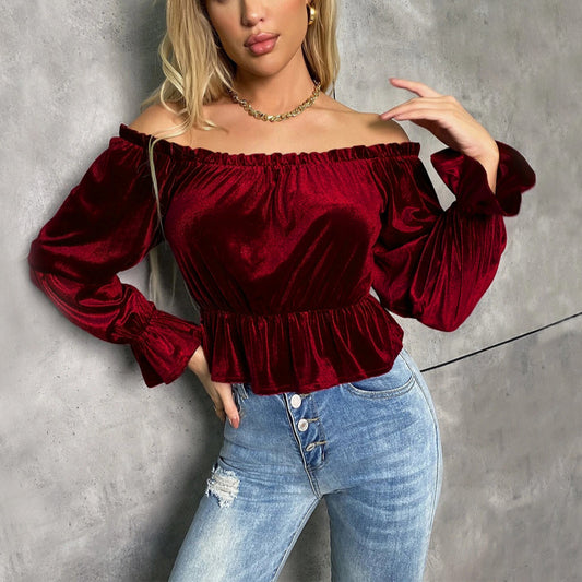 Long-Sleeved Women T-Shirt Off Shoulder Design Wholesale Crop Tops