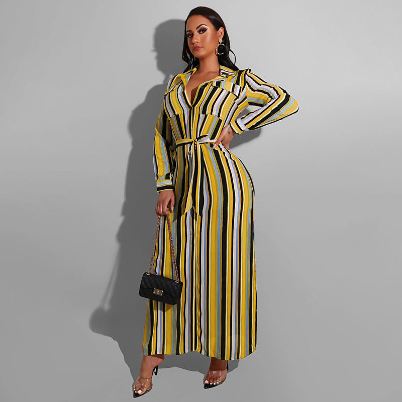 Wholesale Plus Size Women Clothing Striped Button-Down Lapel Long-Sleeved Fitted Shirt Dress