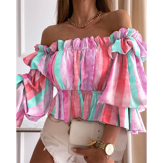 Polka Dots Floral Color Stripe Ruffled Sleeve One Shoulder Blouse Wholesale Vendors Clothing