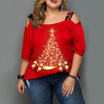 Sexy Christmas Tree Print Strapless Mid-Sleeved T Shirts Wholesale Plus Size Clothing